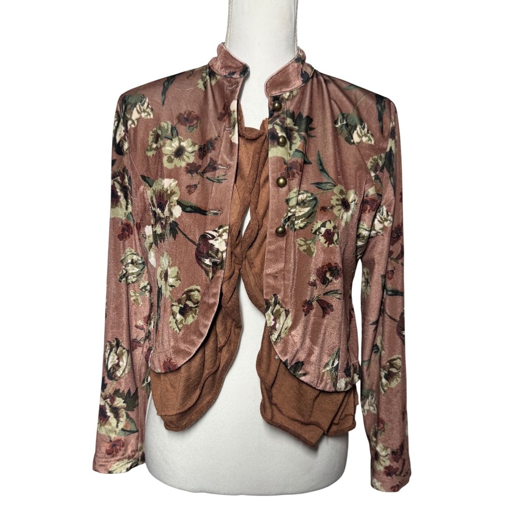 Mia Joy Floral Velvet Ruffle Jacket 14 Brown Mauve Excellent Victorian Boho